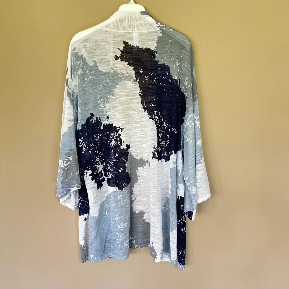 Marla Wynn Kimono Cardigan Women XL Lagenlook Duster Beachy Nautical Blue White